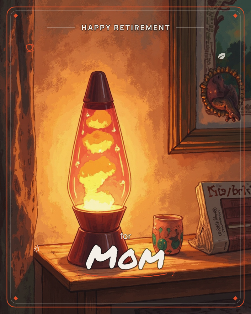 A retro lava lamp glows on a wooden dresser, its molten orange wax drifting upward against a dim, warmly lit room, a retirement e-card design