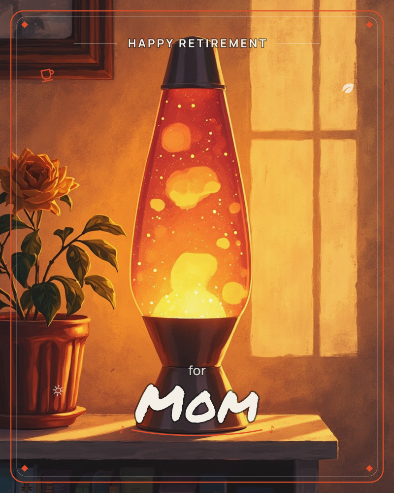 A lava lamp glows on a wooden table, its amber wax blobs drifting inside a warm orange glass column beside a potted rose, a retirement e-card design