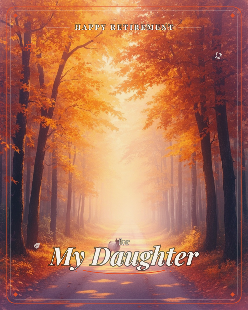 A quiet country lane cuts through a tunnel of blazing autumn trees, their orange and gold leaves glowing as if lit from within by low sun, a retirement e-card design