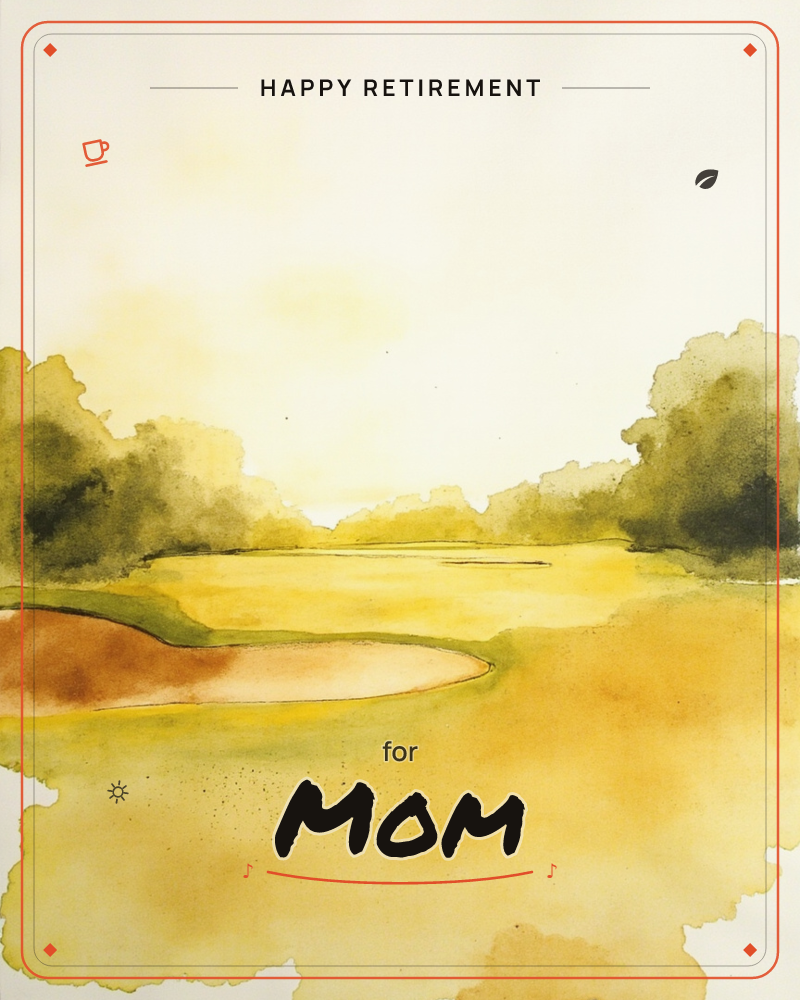 A golf course fairway glows under a hazy golden sky, with a pale sand bunker curving in the foreground and trees framing either side in loose washes of…, a retirement e-card design
