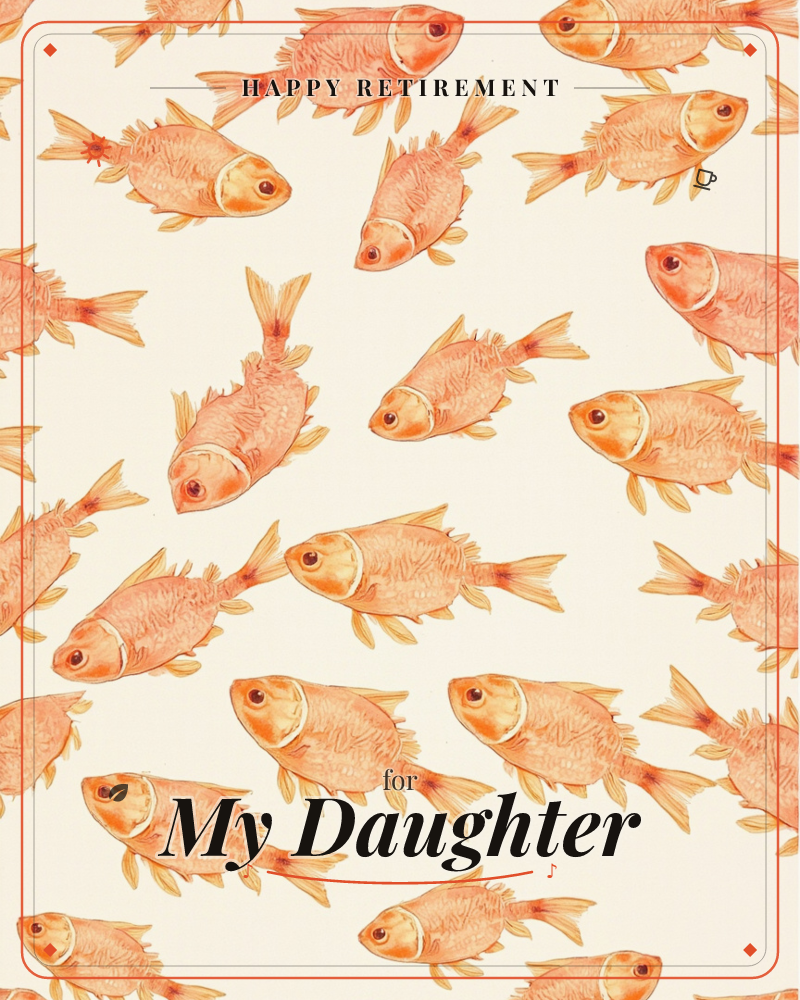 A dense scattering of orange and coral clownfish-style fish swims in every direction across a pale cream background, each one painted with fine scales…, a retirement e-card design