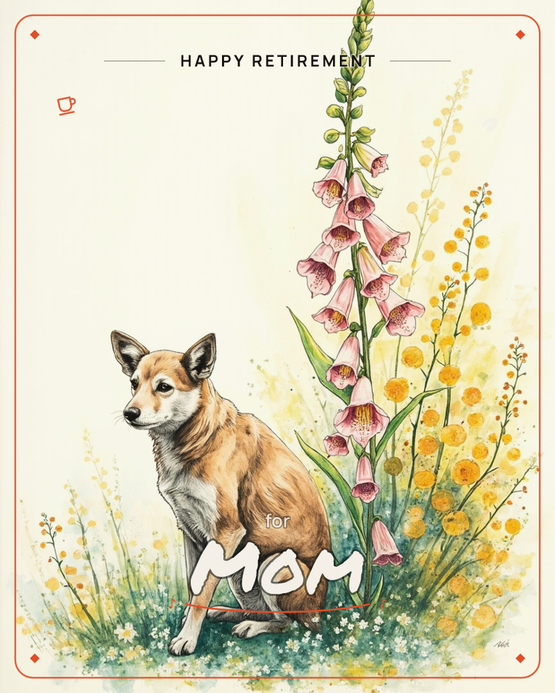 A tan dog with pricked ears sits quietly in a patch of wildflowers, beside a tall spire of pink foxglove blooms and sprays of small yellow flowers, a retirement e-card design