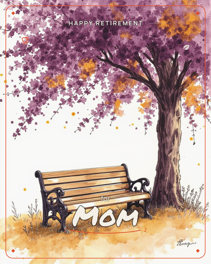 A wooden park bench with black wrought-iron armrests sits beneath a large tree whose canopy blooms in deep purple and touches of amber-orange, a retirement e-card design