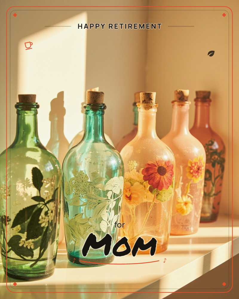 A row of vintage glass bottles lines a sunlit windowsill, each corked and hand-painted with delicate botanical designs, ferns and blossoms on the…, a retirement e-card design