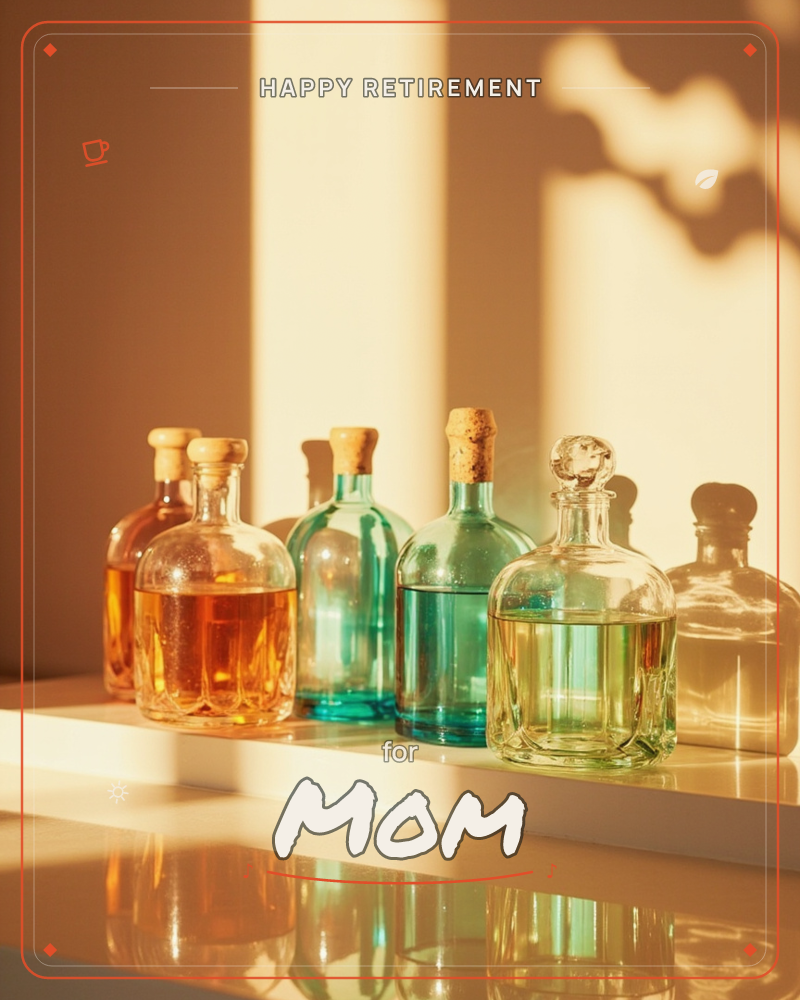 A row of glass bottles with cork stoppers lines a pale windowsill, filled with liquids in amber, sea-green and clear gold, a retirement e-card design