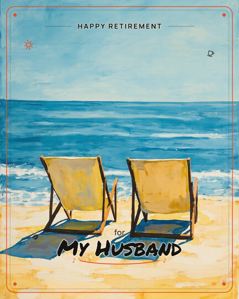 Two empty yellow deck chairs sit side by side on a sunlit sand beach, facing out toward a wide blue sea, a retirement e-card design