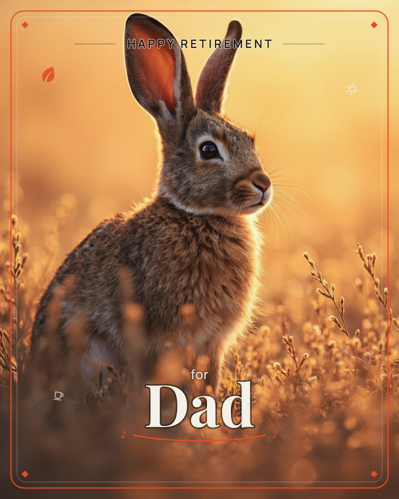 A wild rabbit sits upright among dry golden grasses, its tall ears catching the warm backlight of a low sun, a retirement e-card design
