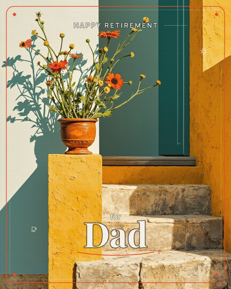 A terracotta urn of orange gerberas and wild sprigs sits atop a mustard-yellow stucco plinth beside worn stone steps, a teal door and wall behind it, a retirement e-card design