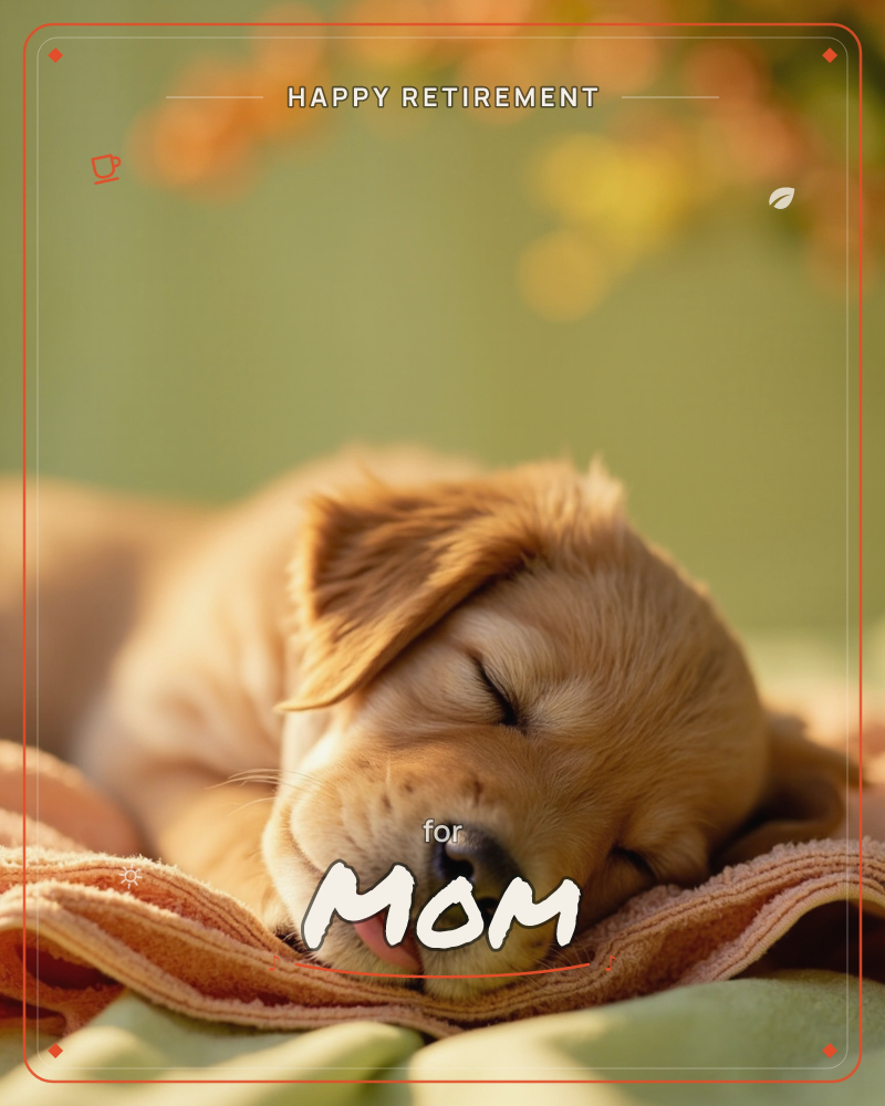 A golden puppy sleeps soundly on a soft orange towel, its tiny tongue poking out and one ear flopped over its closed eyes, a retirement e-card design