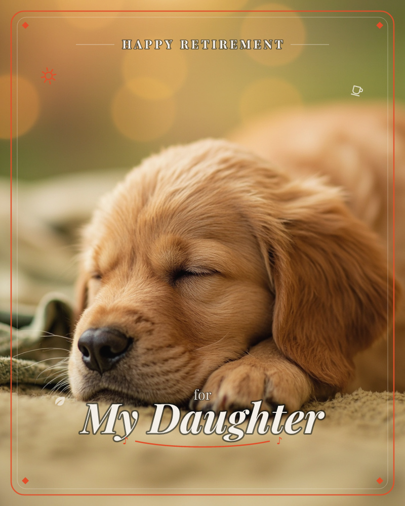 A golden puppy lies fast asleep on a soft green blanket, its head resting against its own outstretched paw, a retirement e-card design