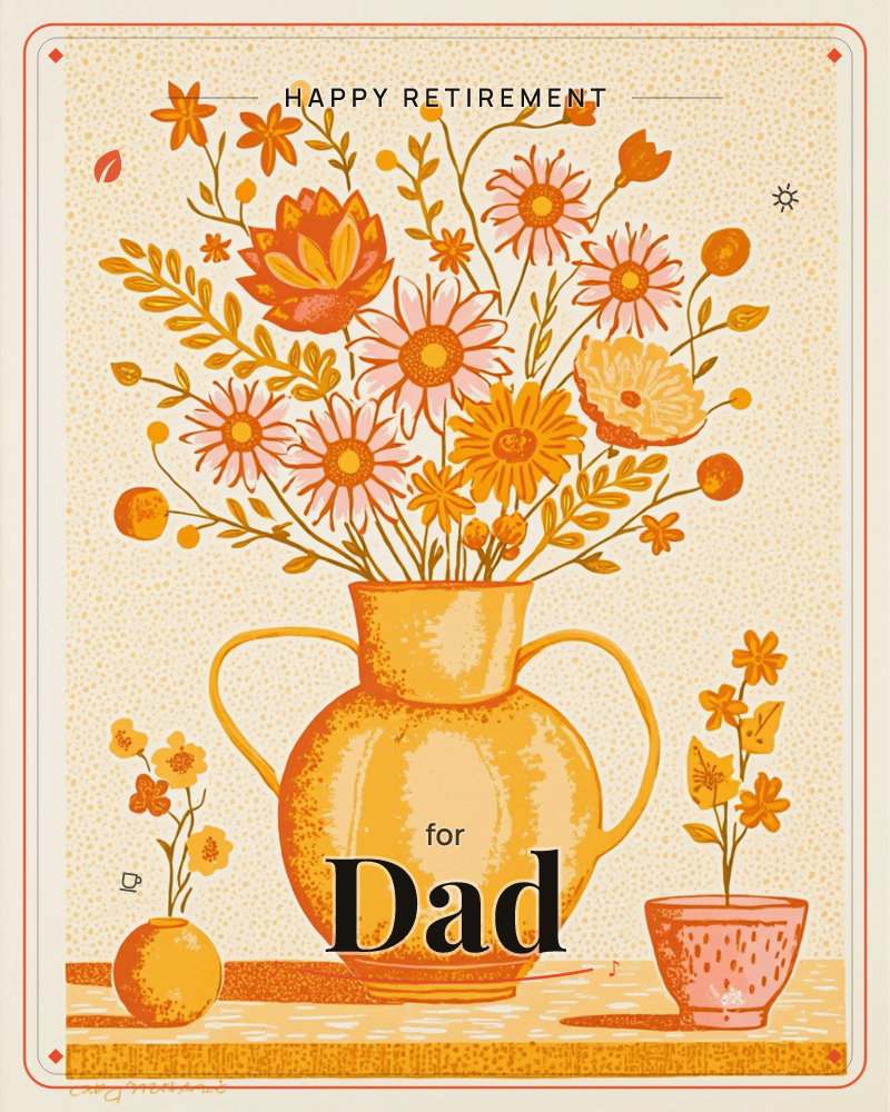 A two-handled golden pitcher overflows with a stylised bouquet of daisies, lotus blooms and sprigs in warm orange and pink tones, flanked by two…, a retirement e-card design