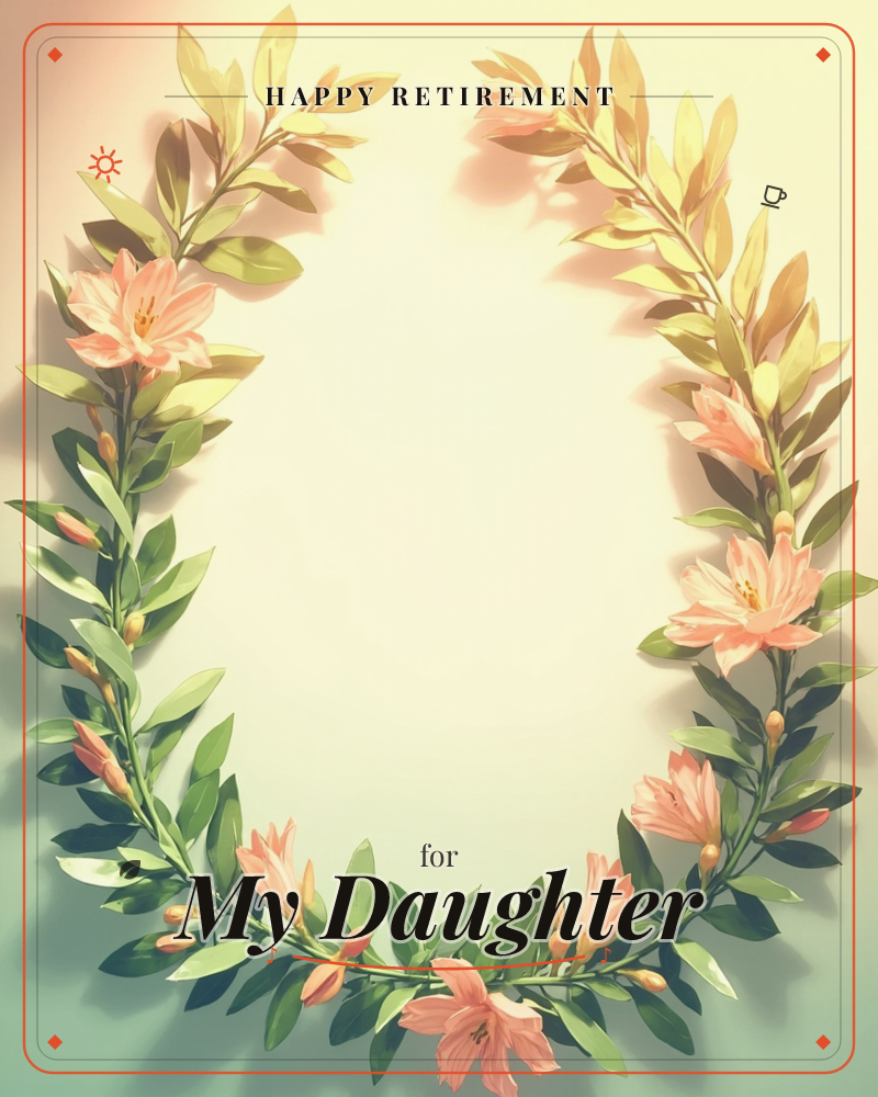 An oval wreath of leafy branches curves around a soft cream-lit centre, gradually shifting from deep green at the base to golden yellow leaves at the top, a retirement e-card design