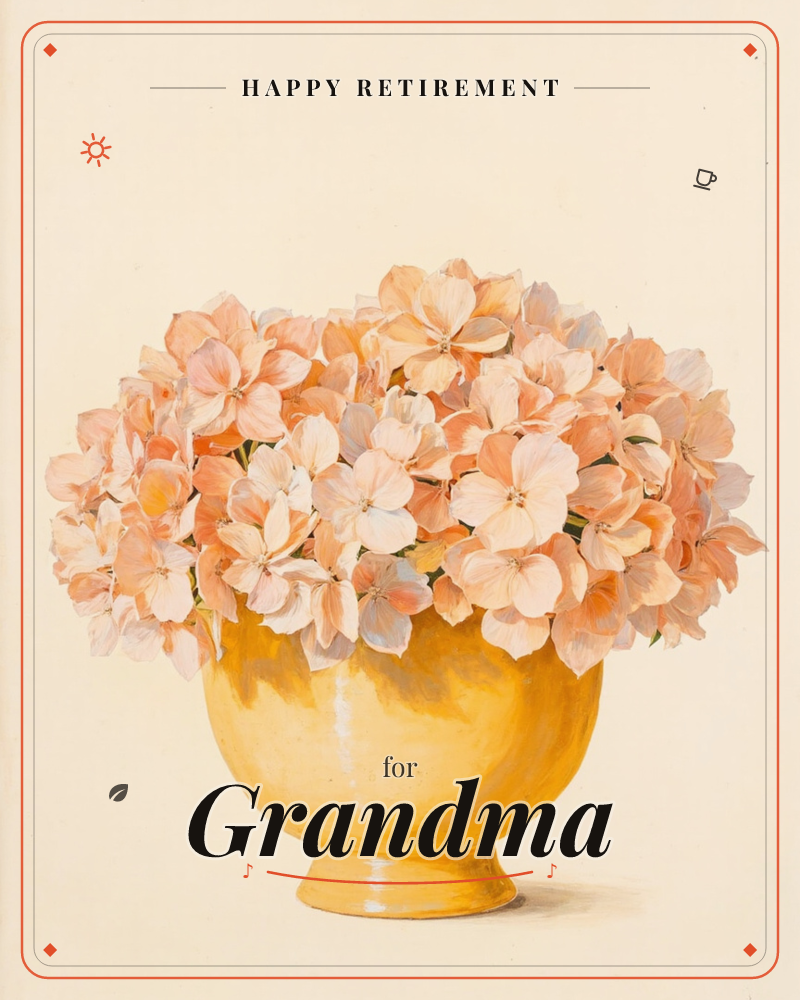 A rounded yellow ceramic vase holds a dense cluster of peach and coral hydrangea-like blooms, painted with soft shading on a plain cream background, a retirement e-card design