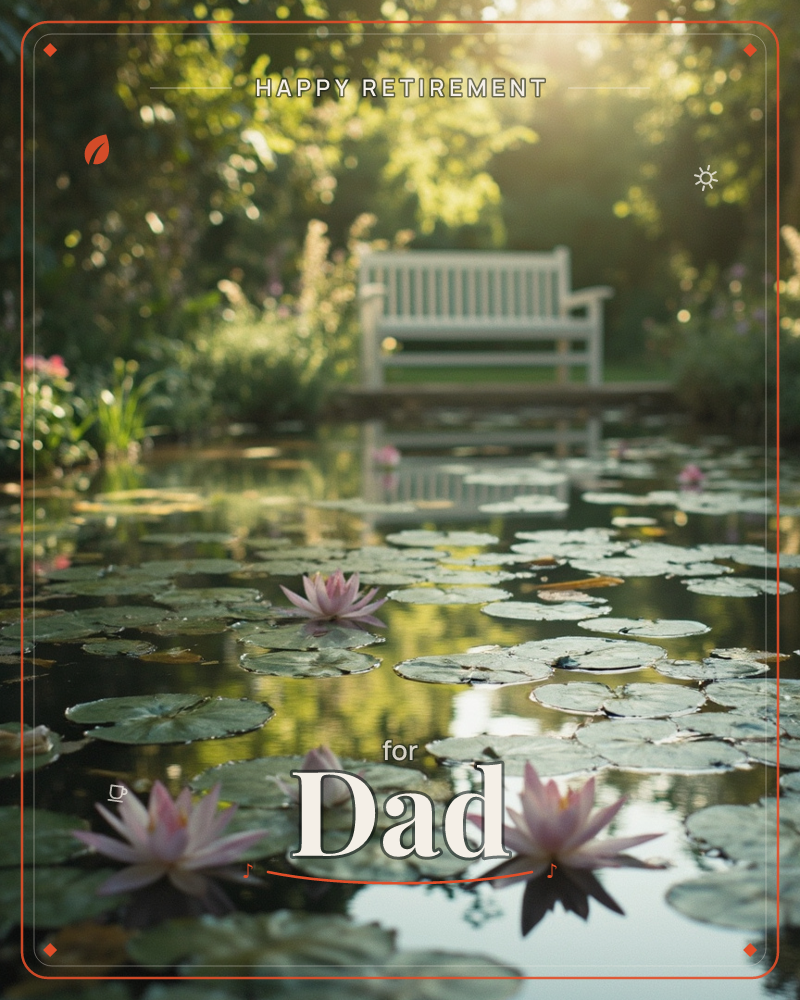 A quiet garden pond spreads across the foreground, its dark water dotted with lily pads and soft pink water lilies, a retirement e-card design