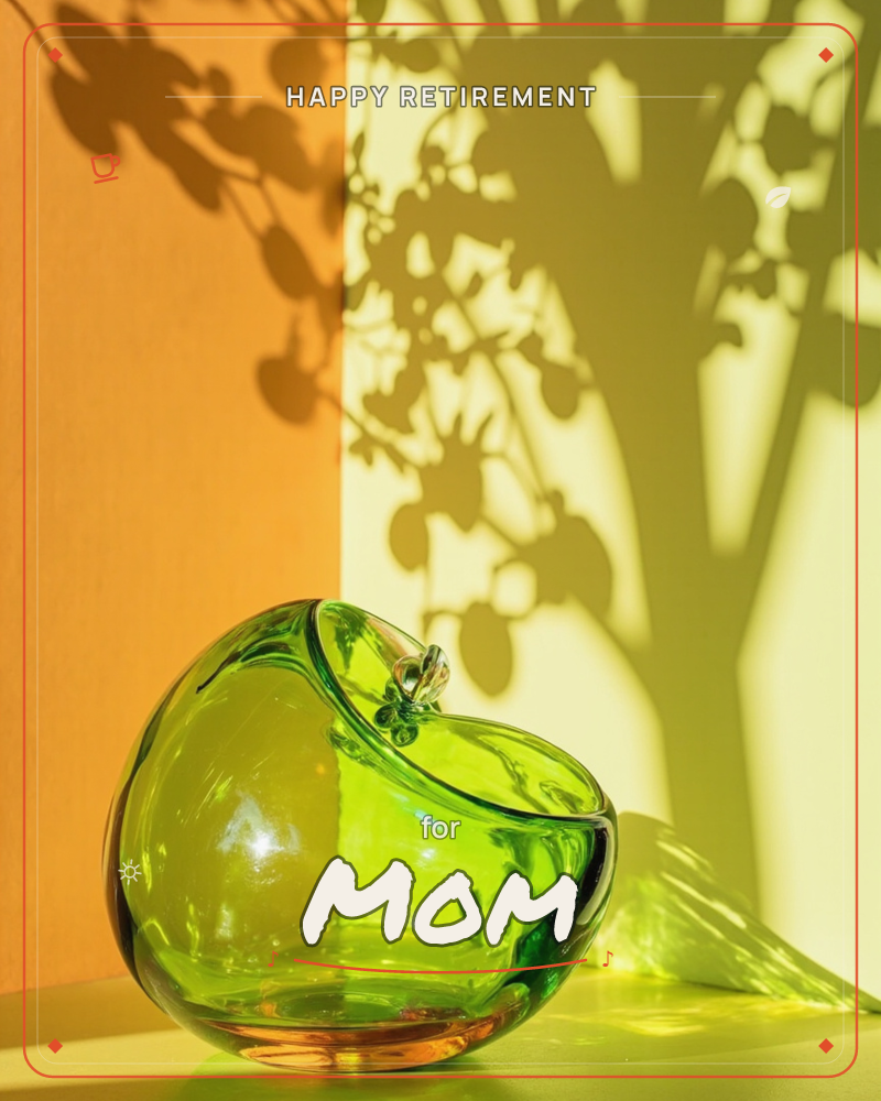 A glass vessel shaped like an apple, cast in bright green, sits against a two-tone backdrop split between orange and yellow, a retirement e-card design
