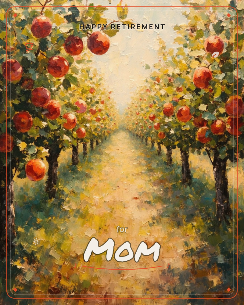A sunlit orchard path stretches between two rows of apple trees heavy with red fruit, painted in thick, textured brushstrokes, a retirement e-card design