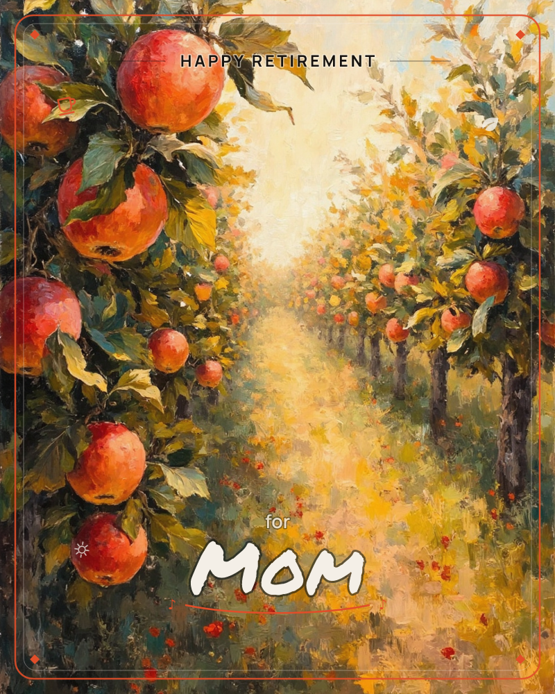 An orchard path stretches into a hazy golden light, lined with rows of trees heavy with ripe red apples, a retirement e-card design