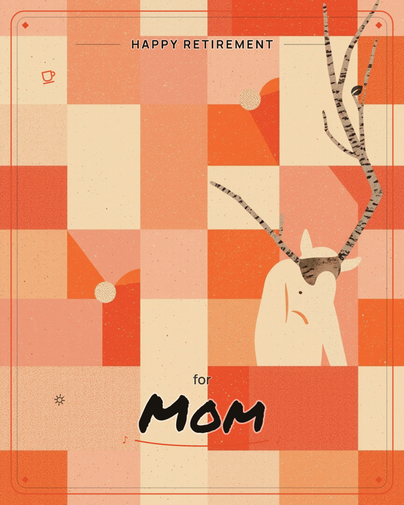 A stylised deer with birch-branch antlers stands against a patchwork of coral, terracotta and cream squares, its pale cream body blending into the…, a retirement e-card design