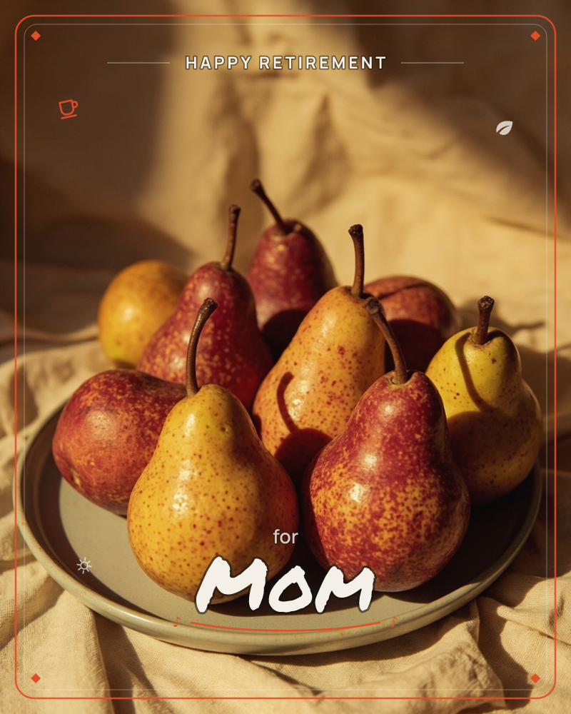 A pale plate is heaped with ripe pears, their red-and-gold skins catching low, warm sunlight against a rumpled linen backdrop, a retirement e-card design