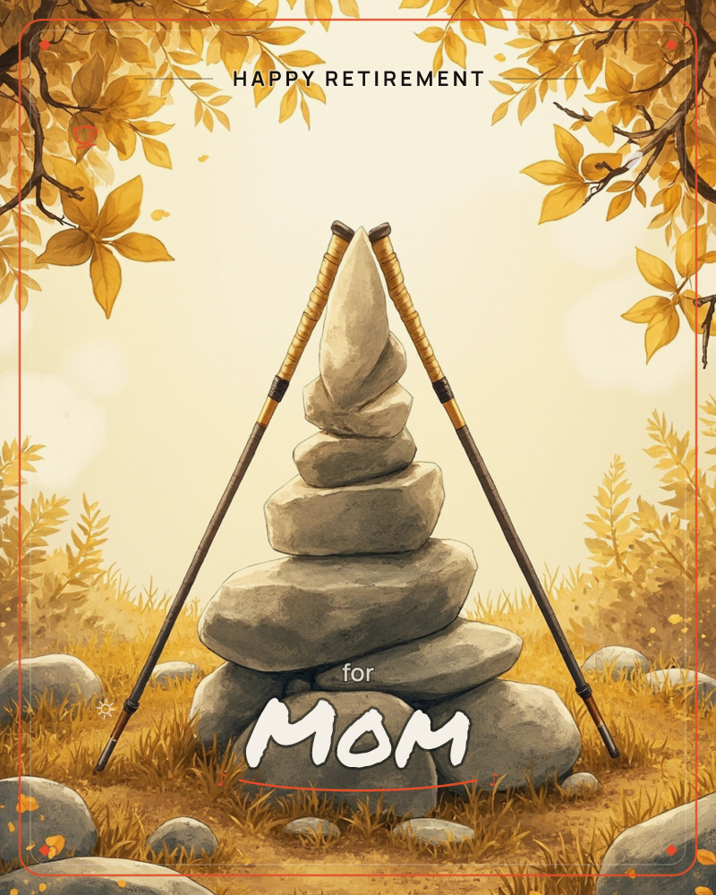 A stack of smooth grey stones rises like a small cairn, framed by two crossed hiking poles leaning together at the top, a retirement e-card design