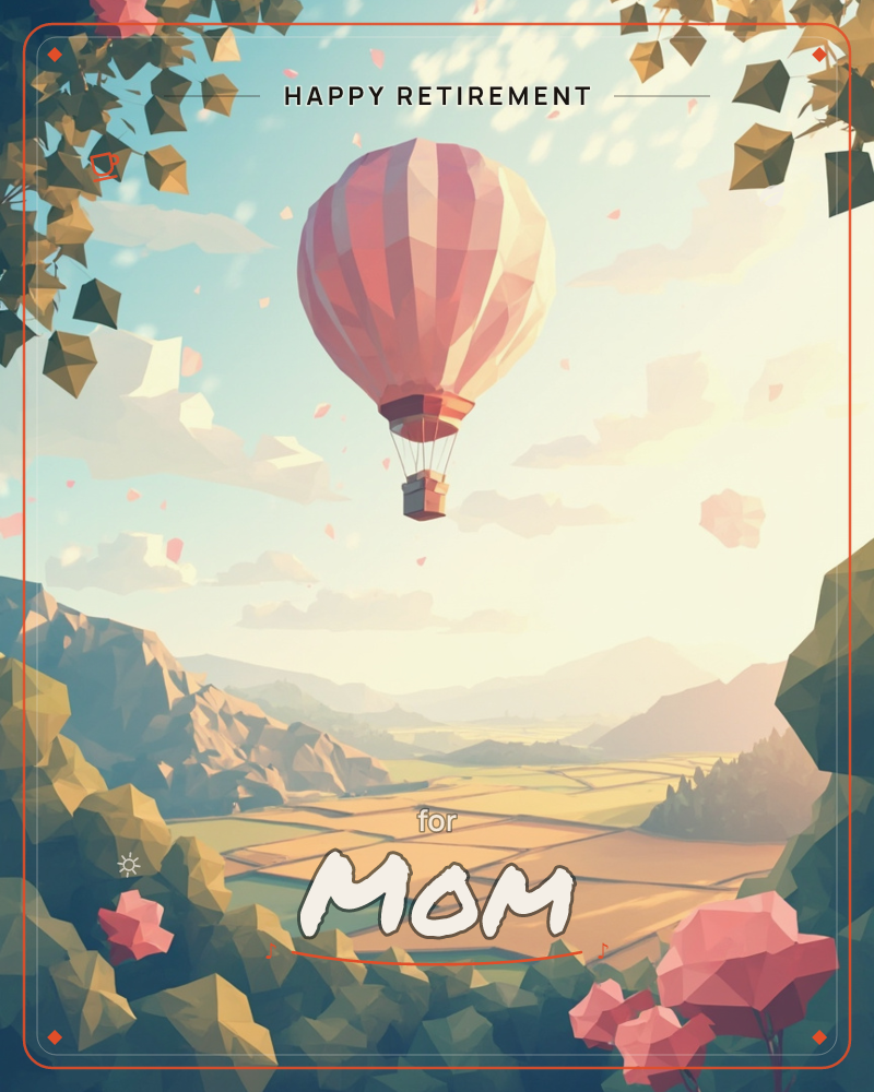 A striped red-and-cream hot air balloon drifts high above a patchwork valley of golden fields, with low mountains fading into soft haze on the horizon, a retirement e-card design