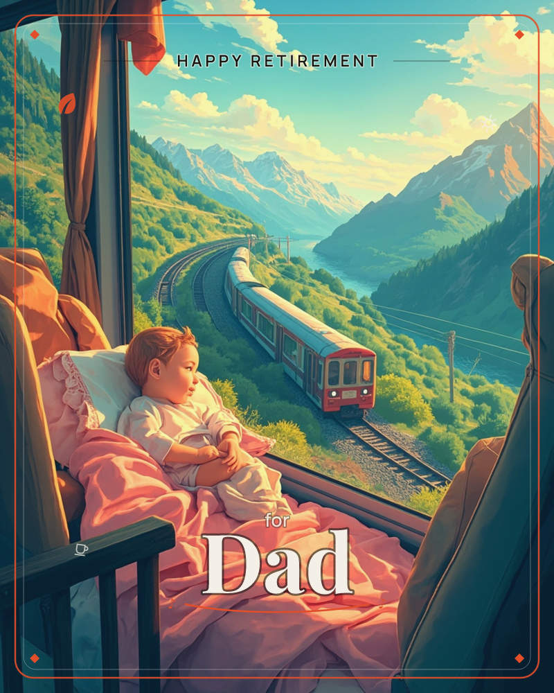 A young child rests among pink blankets and pillows in a cosy nook by a train-carriage window, watching another train curve along tracks through a…, a retirement e-card design
