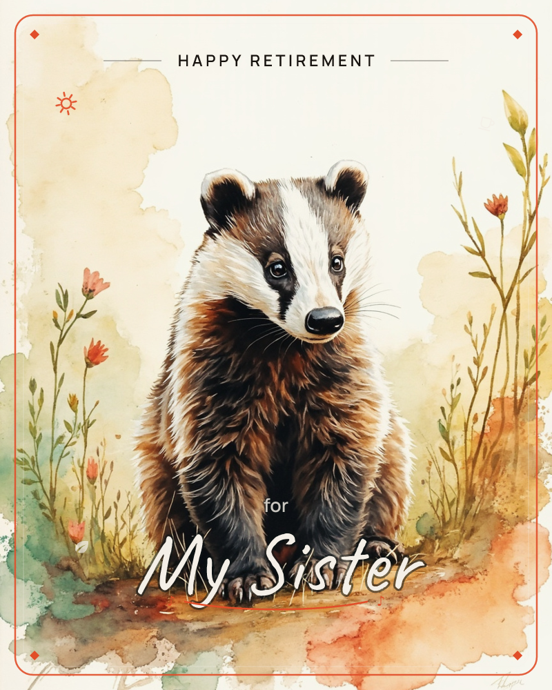 A watercolour badger sits upright on a grassy mound, its striped face turned to gaze softly out of the page, a retirement e-card design
