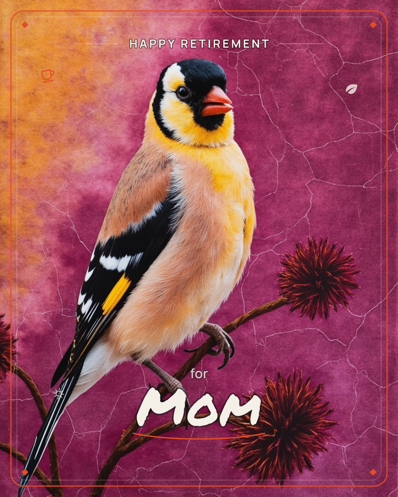A goldfinch with a black-and-white head, orange beak, and warm buff-and-yellow feathers perches on a thorny stem studded with spiky dried seed heads, a retirement e-card design