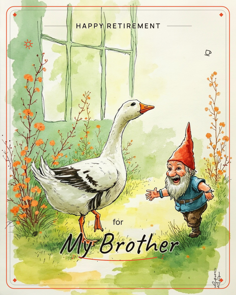 A white goose with black-tipped wings meets a laughing garden gnome in a red pointed hat on a sunlit path, flanked by tall sprays of small orange flowers, a retirement e-card design