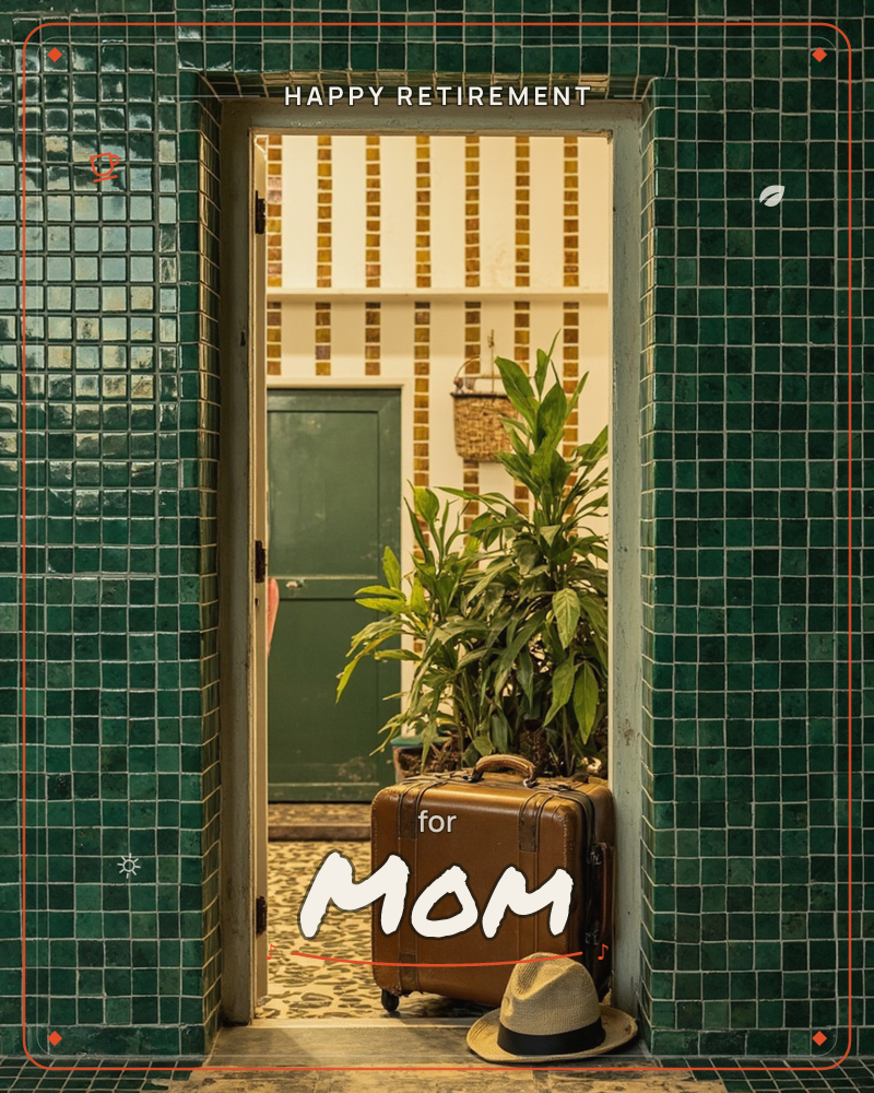 A doorway lined with glossy dark green tiles opens onto a sunlit interior with striped ochre walls, a green door, and a hanging woven basket, a retirement e-card design