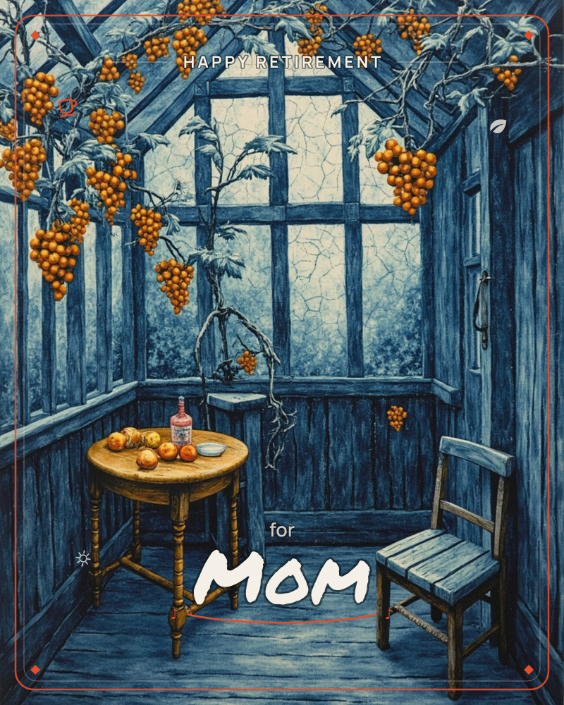 A moonlit conservatory rendered almost entirely in blue, its beamed ceiling hung with a vine of bright orange grape clusters that spill down toward a…, a retirement e-card design