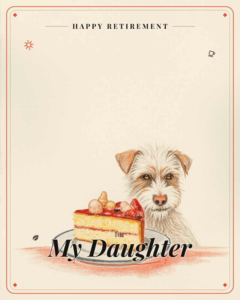 A shaggy terrier peers over the edge of a table at a slice of fruit-topped sponge cake sitting on a plate, its eyes fixed on the treat with…, a retirement e-card design
