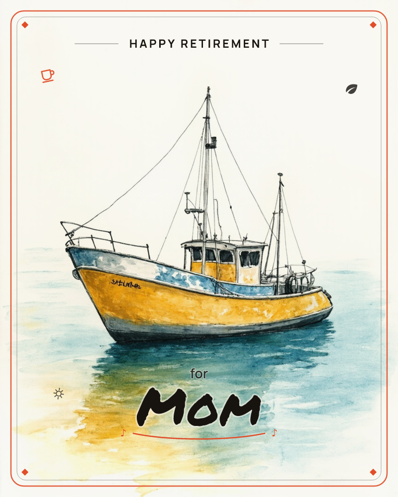 A small yellow fishing boat sits alone on calm water, its hull reflecting warm gold and teal in the still sea below, a retirement e-card design