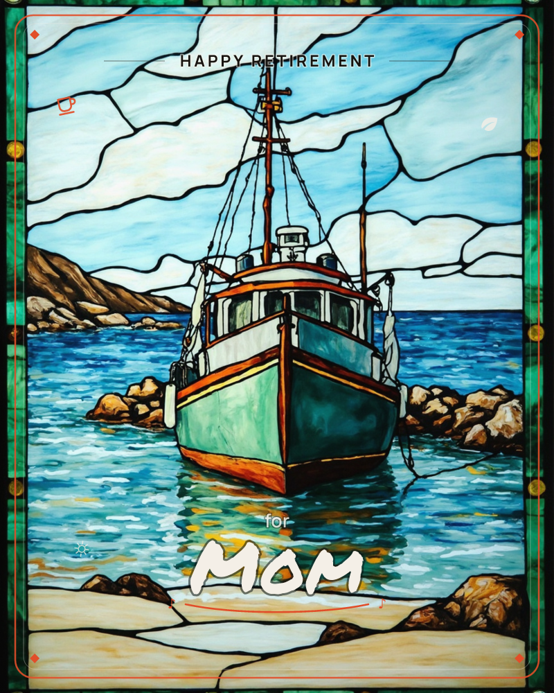 A stained-glass style illustration of an old fishing boat moored in a rocky cove, its green and rust-red hull reflected in rippling blue water, a retirement e-card design