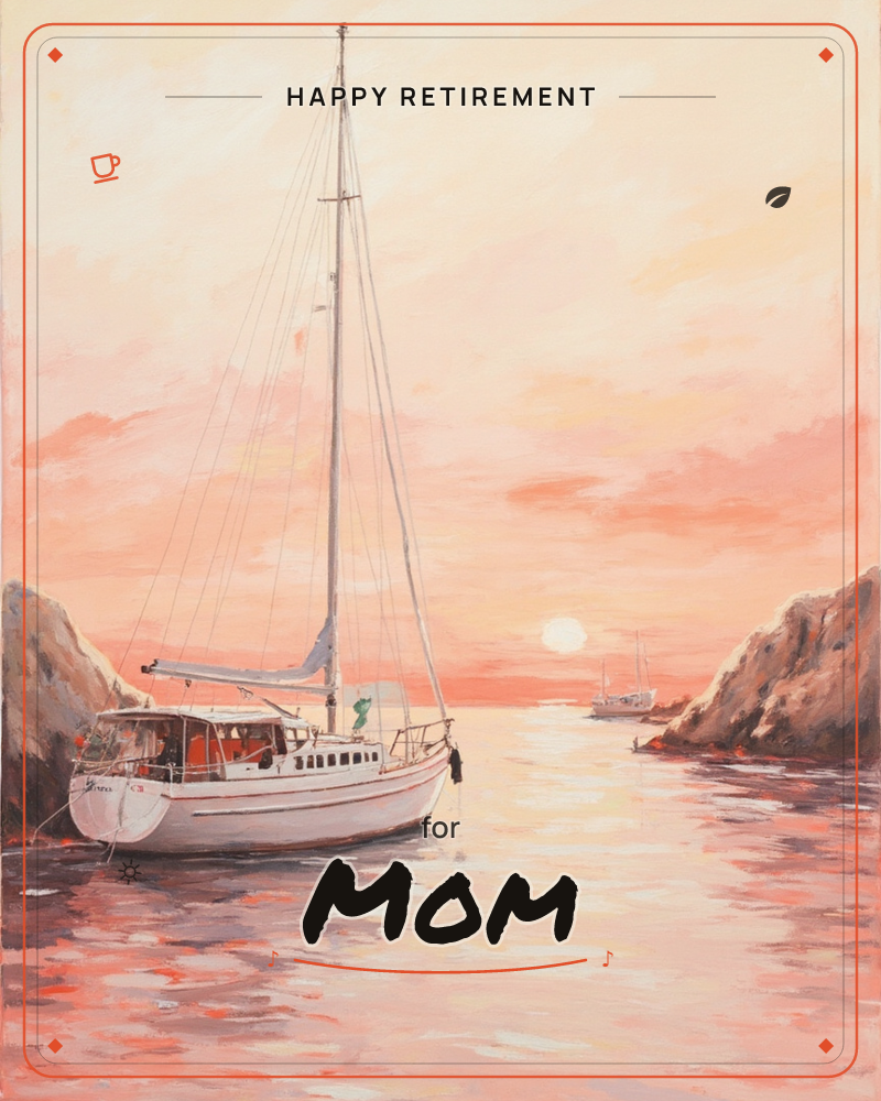 A white sailboat sits moored between rocky headlands as the sun sets low over calm water, painting the sky and sea in soft peach and coral tones, a retirement e-card design