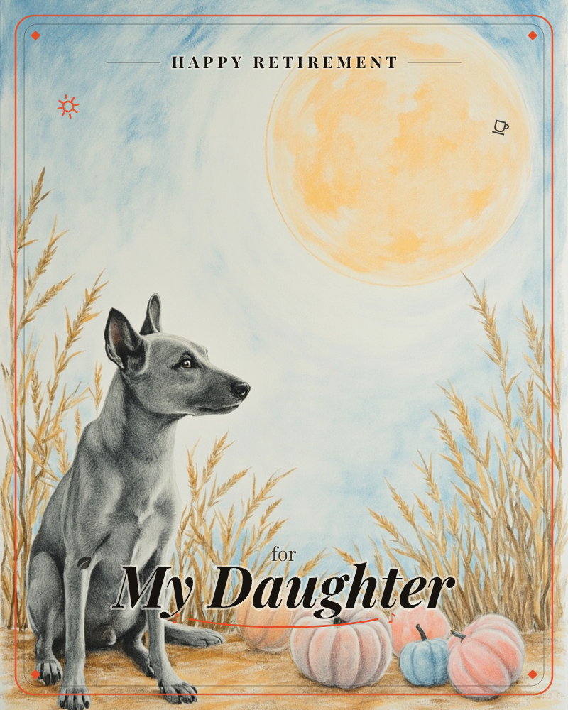 A grey dog sits alert among dry autumn grasses, gazing up at a large glowing amber moon in a soft blue sky, a retirement e-card design
