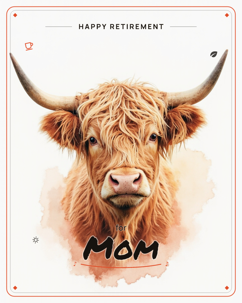 A shaggy Highland cow gazes straight out from the page, its long ginger fringe falling over dark eyes and curved horns framing its face, a retirement e-card design