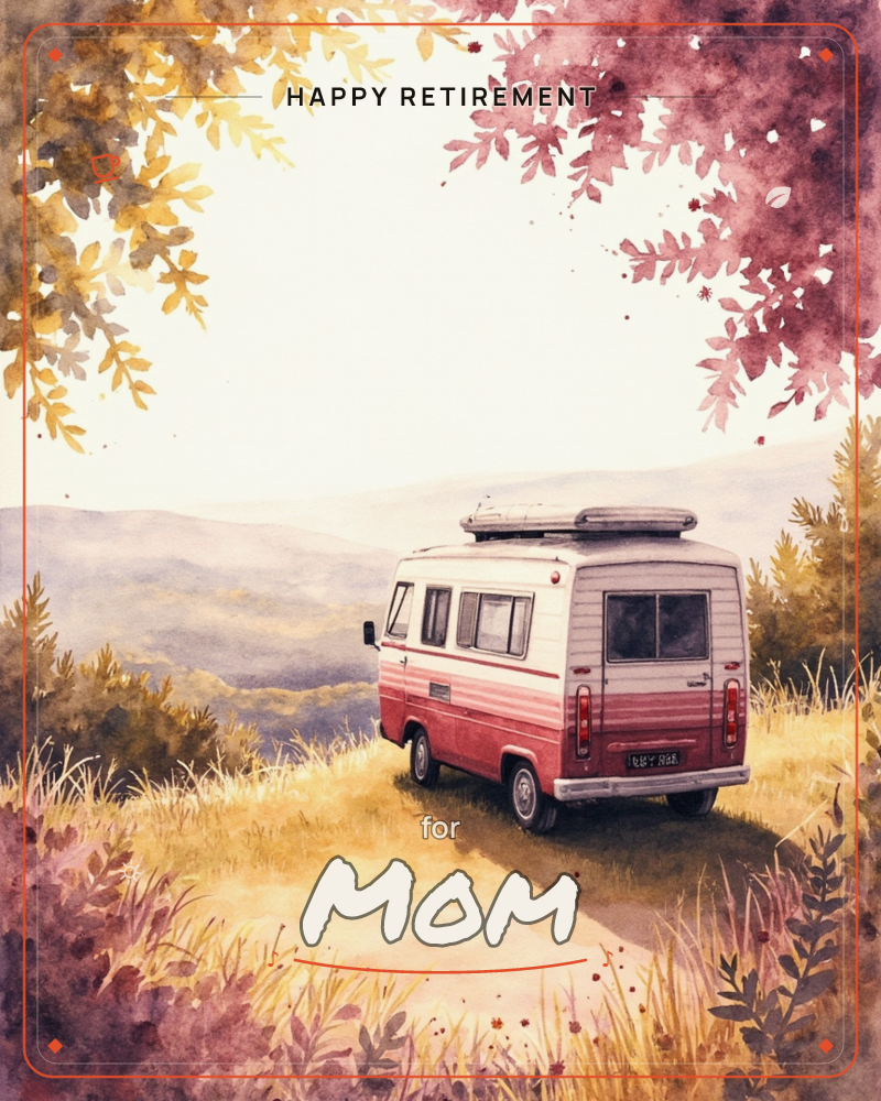 A retro camper van in cream and rose-red is parked on a grassy overlook, framed by autumn branches of gold and burgundy leaves, a retirement e-card design