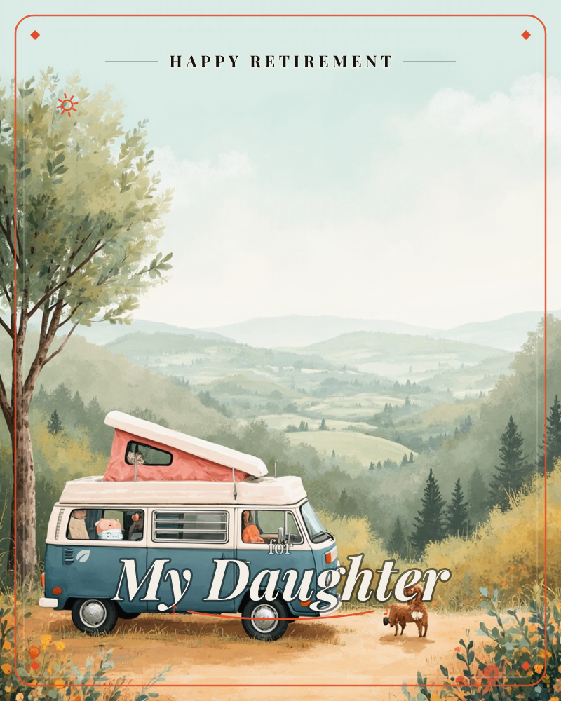 A blue camper van with a pop-up roof sits parked on a dirt track overlooking rolling hills and forested valleys stretching into a soft, hazy horizon, a retirement e-card design