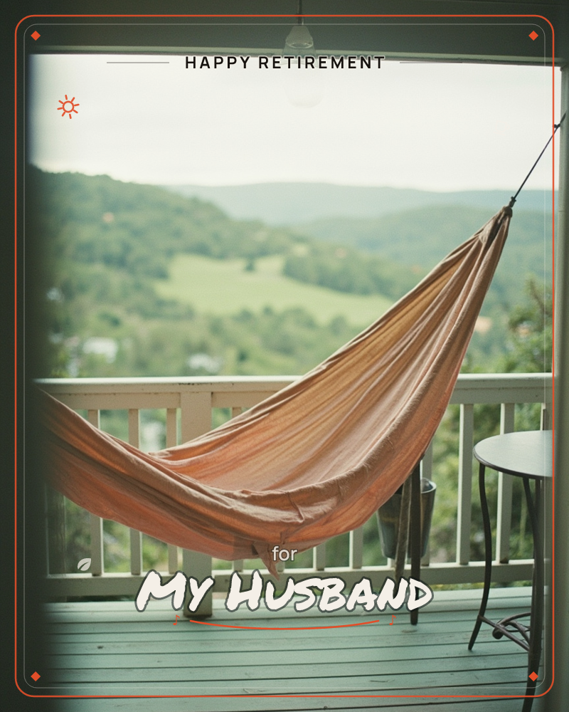 An empty orange hammock hangs slack across a porch overlooking a wide valley of rolling green hills, its fabric catching soft, hazy daylight, a retirement e-card design