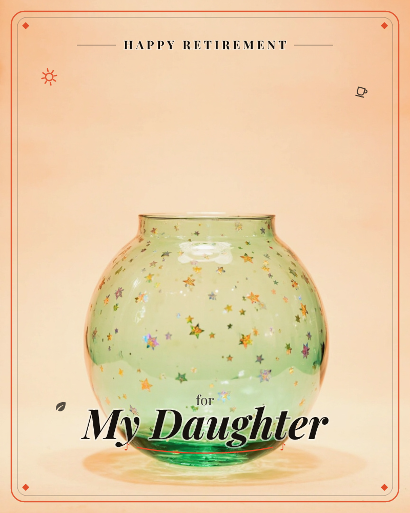 A round, bubble-shaped glass vase in pale green sits against a soft peach-toned backdrop, its surface scattered with tiny multicoloured star confetti…, a retirement e-card design