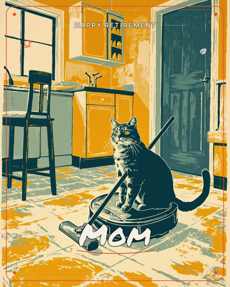 A striped cat sits perched atop a round robot vacuum in a mustard-yellow kitchen, an upright broom leaning casually beside it, a retirement e-card design