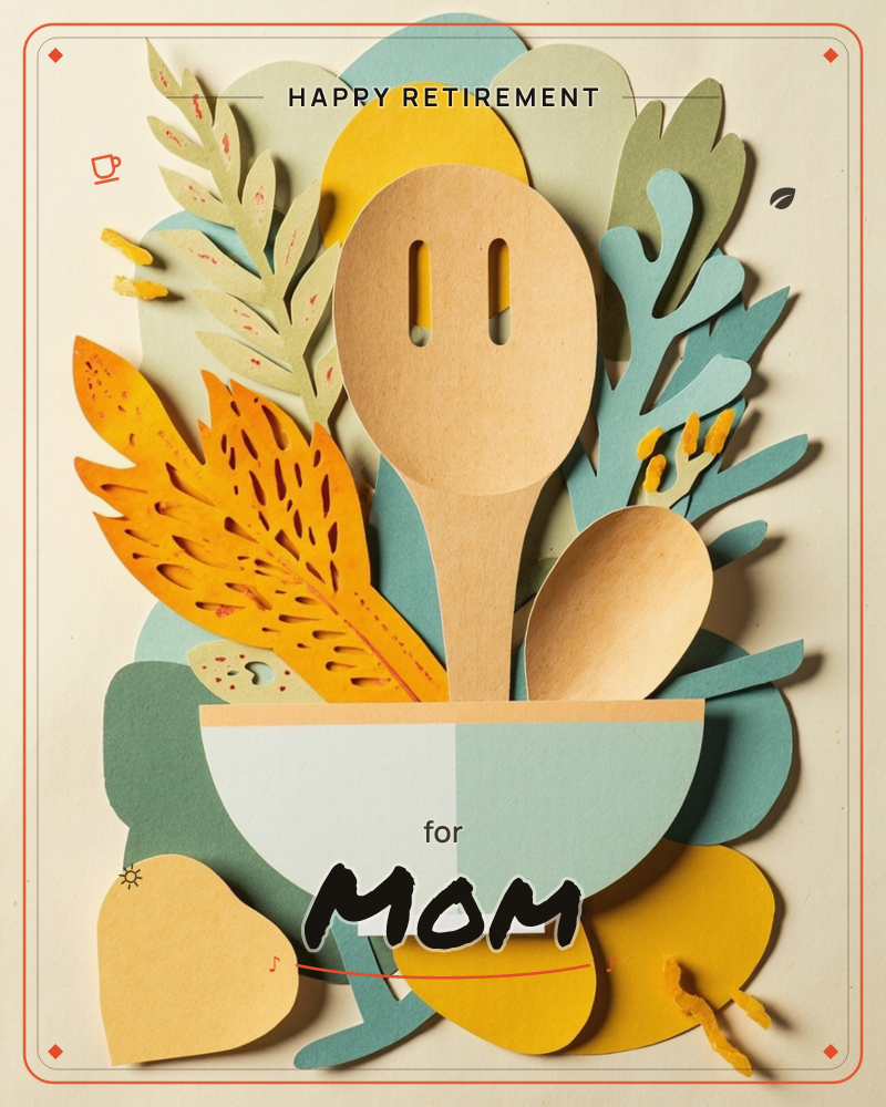 A paper-cut illustration shows a mixing bowl bursting with wooden spoons and stylised sprigs of wheat and leaves, all layered in cut-paper shapes…, a retirement e-card design