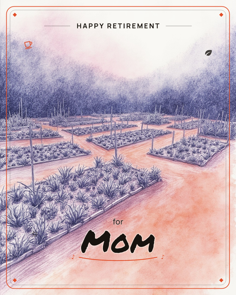 A formal kitchen garden is laid out in neat rectangular beds, each planted with rows of leafy vegetables and staked with thin wooden supports, a retirement e-card design
