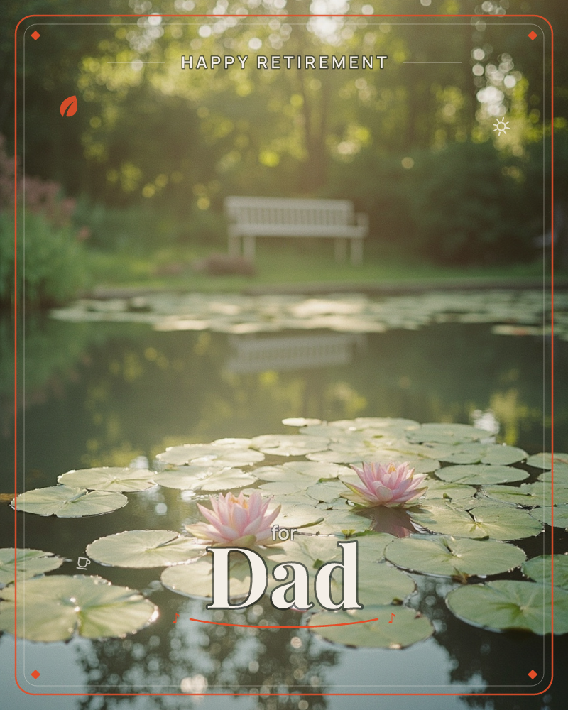 A still garden pond glows in soft morning light, its surface covered with round lily pads and two pale pink water lilies just opening, a retirement e-card design