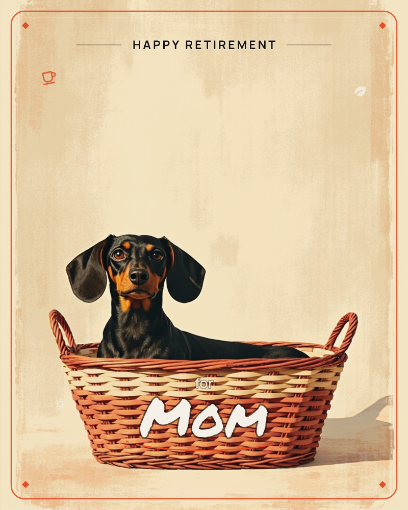 A black-and-tan dachshund sits upright inside a woven wicker basket with looped handles, its long ears draped forward as it gazes directly ahead, a retirement e-card design