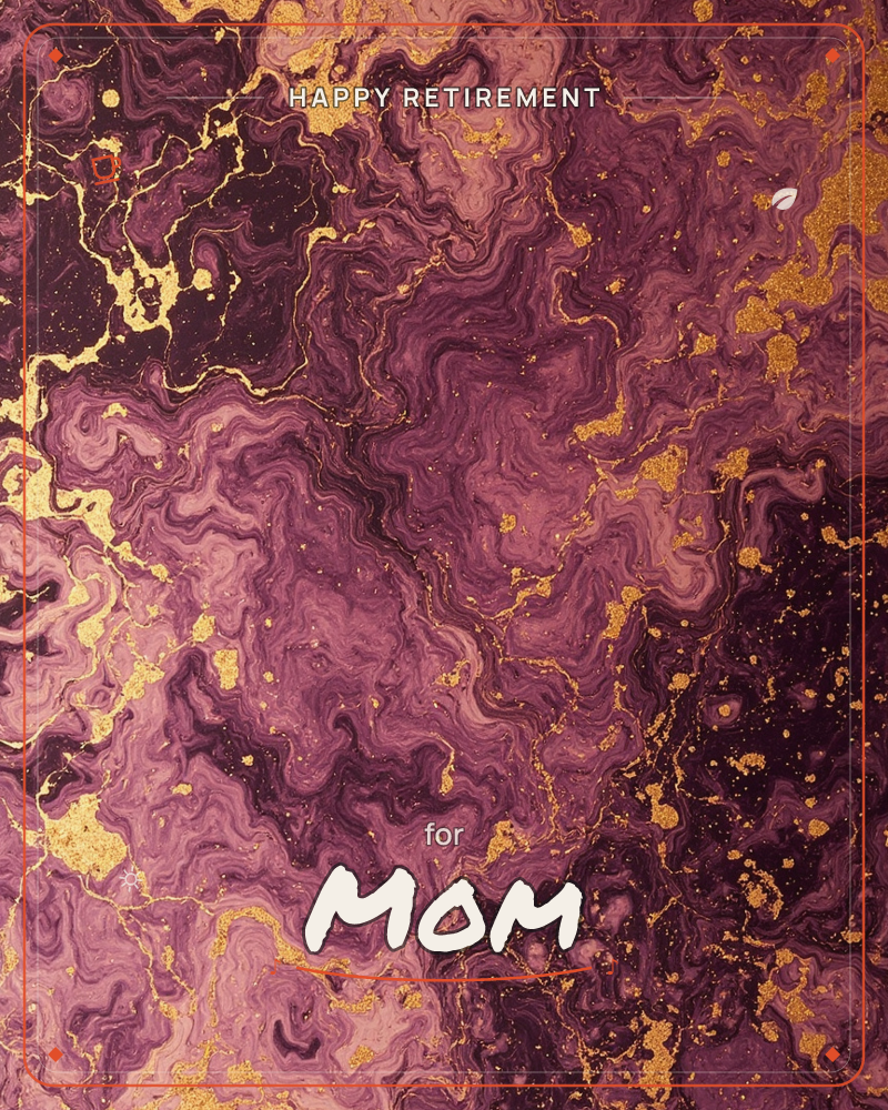 A swirling marbled surface of deep plum and dusty mauve folds over itself in molten ribbons, veined throughout with cracks of shimmering gold leaf, a retirement e-card design