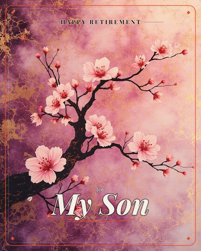 A dark, gnarled branch of cherry blossoms stretches across a card washed in smoky plum and rose, its surface veined with cracks of gold like fractured…, a retirement e-card design