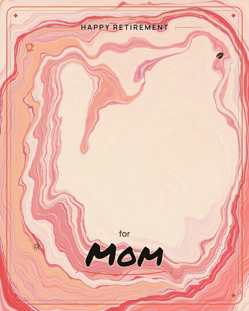 A marbled swirl of pink, coral and cream ripples inward like agate stone, forming a soft, uneven ring around a pale open centre, a retirement e-card design