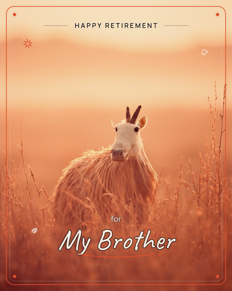 A shaggy horned goat stands in tall dry grass, its pale face and dark eyes turned straight to the camera, a retirement e-card design
